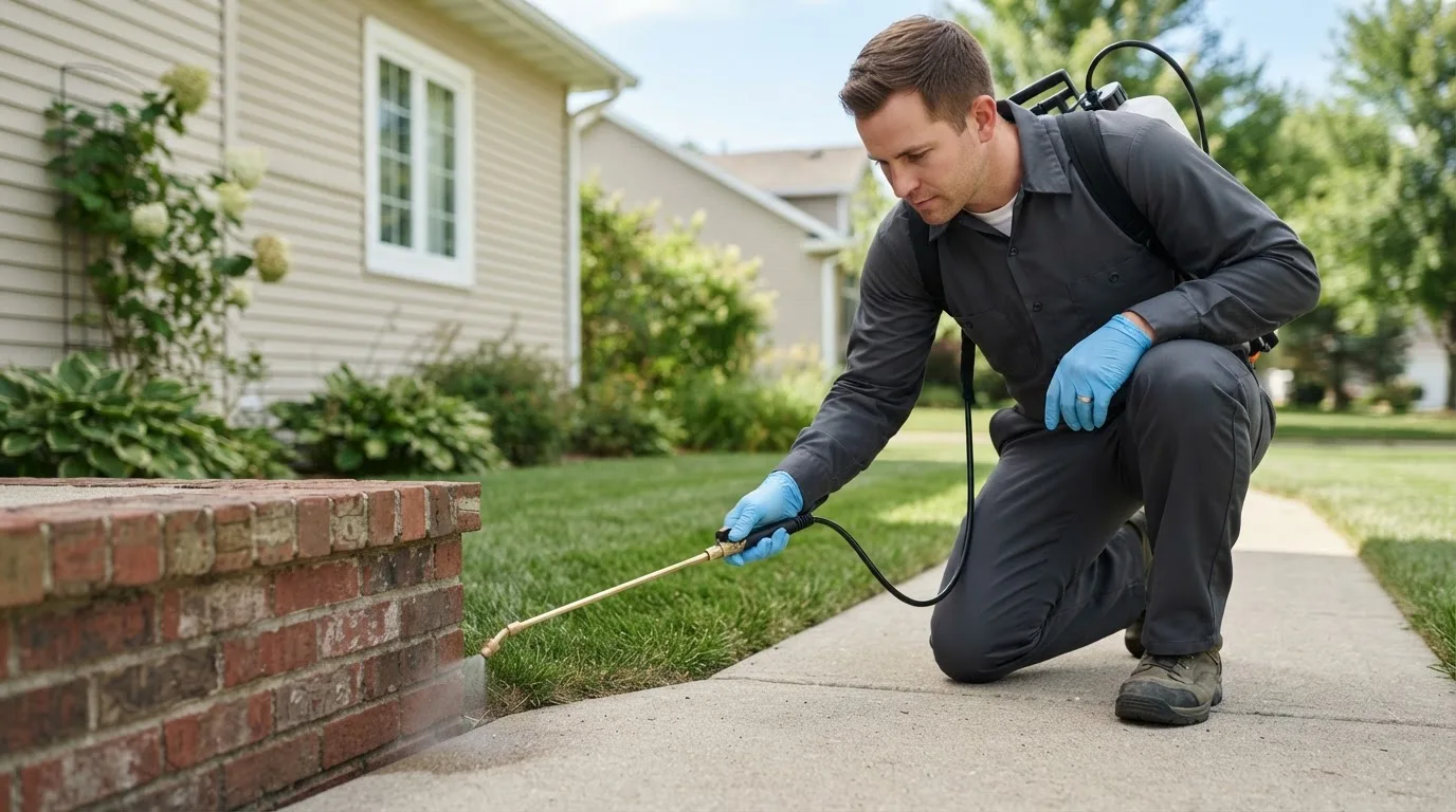 Pest control technician treating a home near Norman, AR