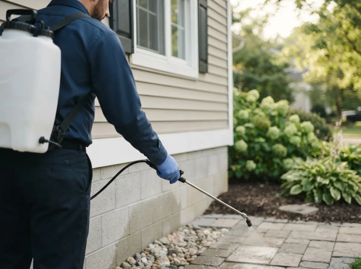 Pest control technician inspecting a home in Norman, AR